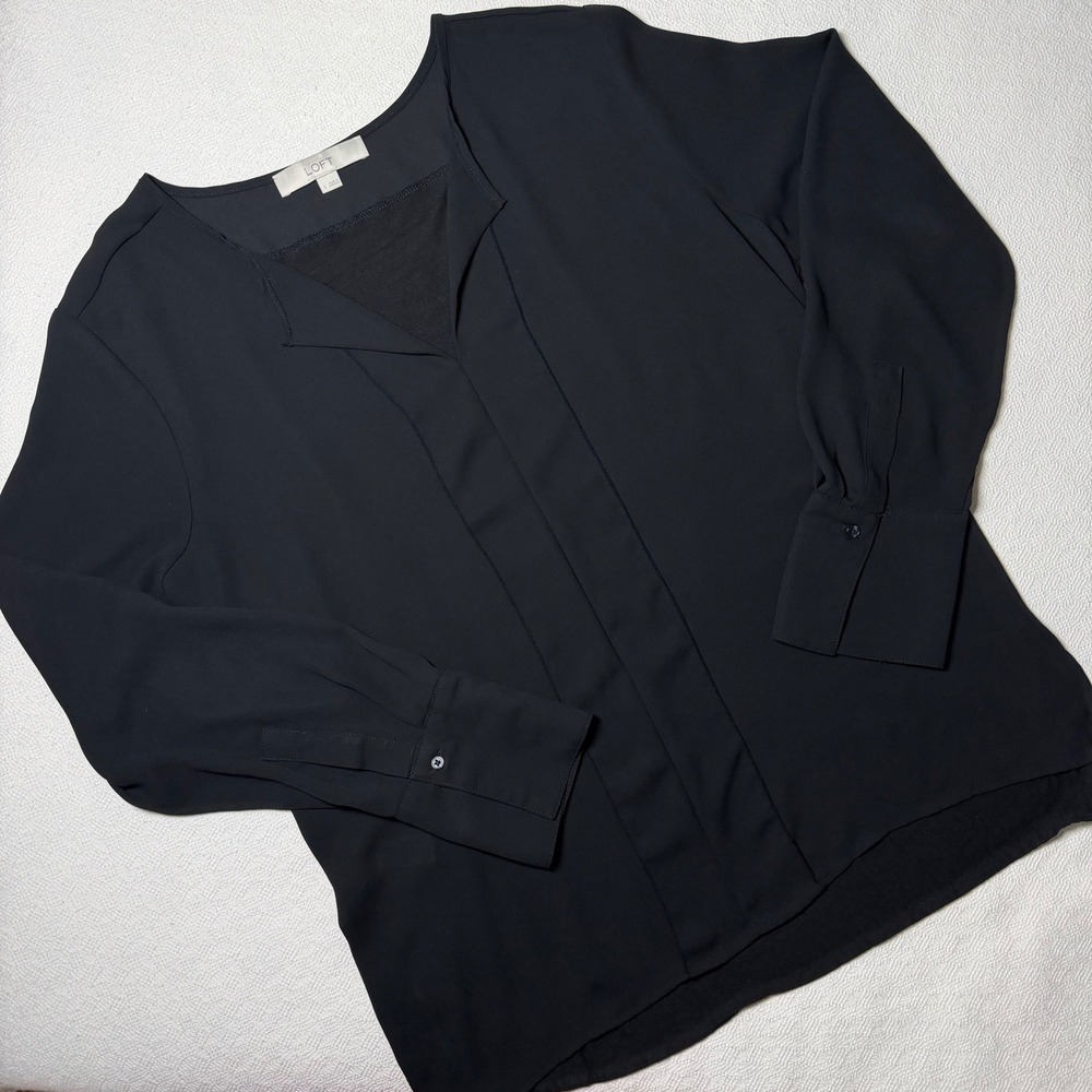 Loft Black Mixed Media V-Neck Pleated Front Blouse Long Sleeve Size L